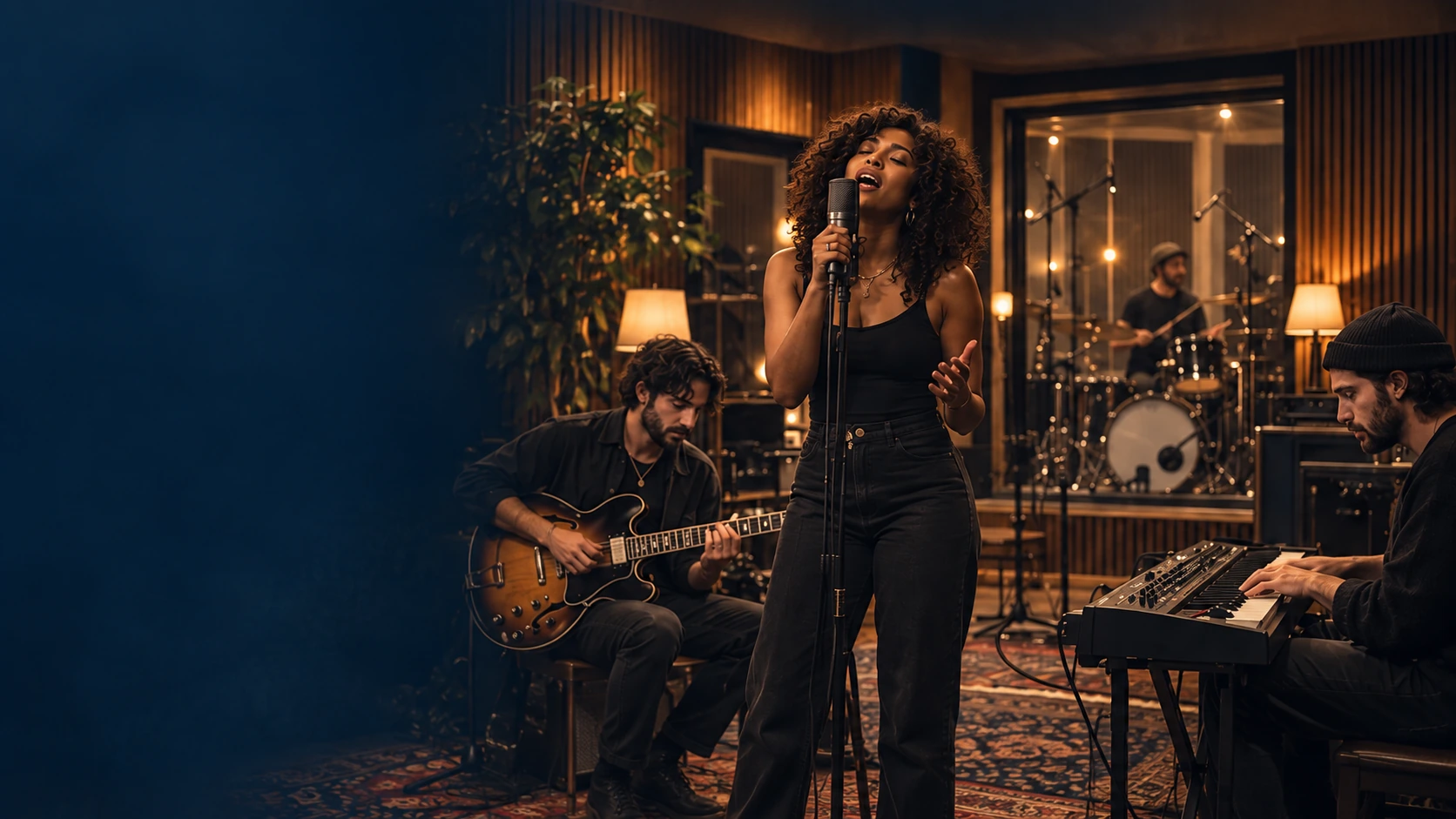 Musicians creating together in a warmly lit studio