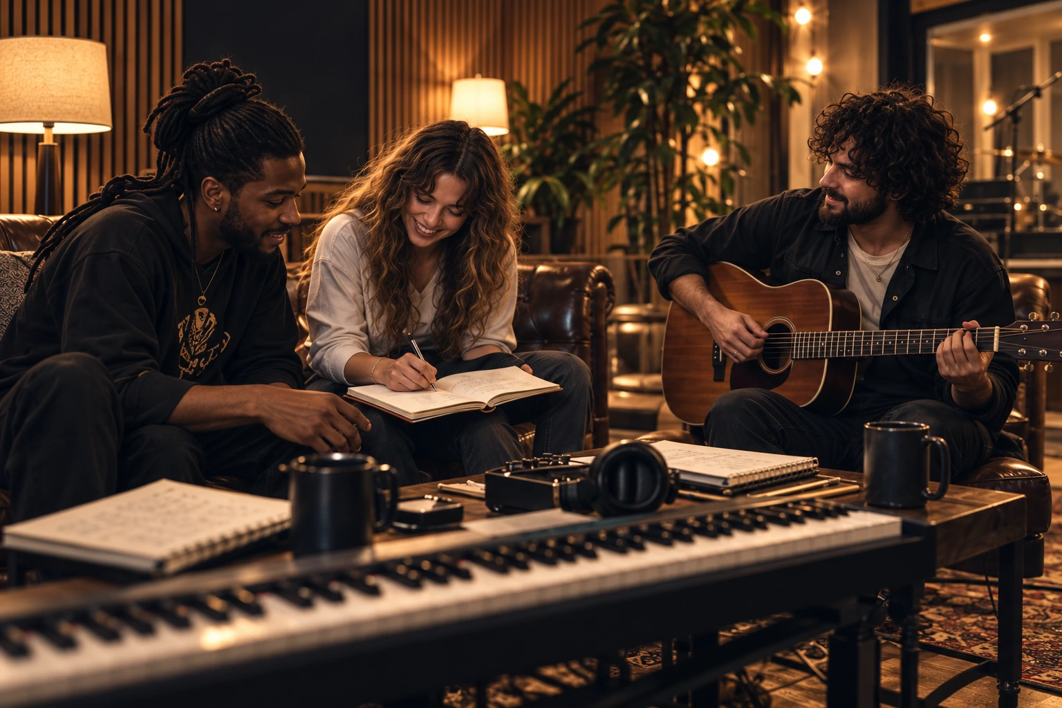 Songwriters sharing ideas with guitar, keyboards and notebooks